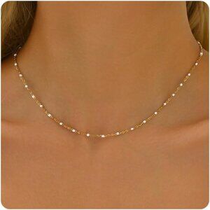 Gold Chain Necklace for Women Dainty 18K Gold Plated Thin Satellite Beaded Turqu